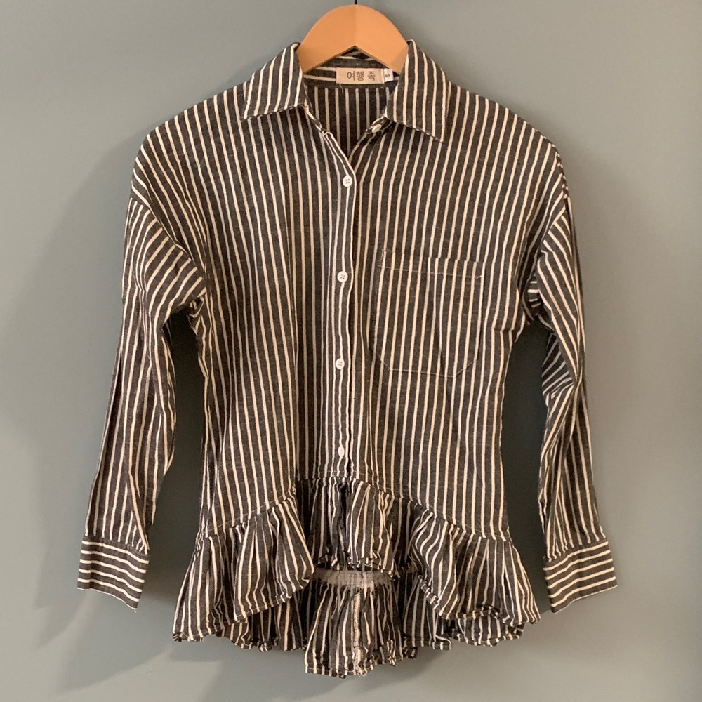 Striped Ruffle Hem Button-Up Shirt - Black & White